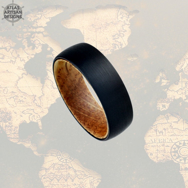 Black Whiskey Barrel Ring Unique Wooden Ring - Whiskey Wood Ring Mens Wedding Band Tungsten Ring - Atlas Artisan Designs