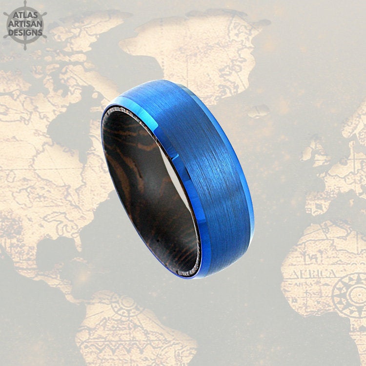 Blue Tungsten Carbide Mens Wood Ring, Mens Wedding Band Wooden Ring, Blue Tungsten Wedding Band Mens Ring,Comfort Fit Unique Wood Inlay Ring - Atlas Artisan Designs