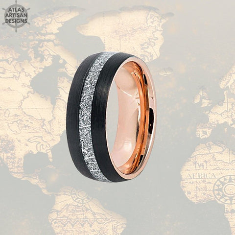 Image of Black & Rose Gold Ring Mens Wedding Band Meteorite Ring Tungsten Wedding Band Mens Ring, Rose Gold Meteorite Wedding Rings Unique Mens Rings - Atlas Artisan Designs