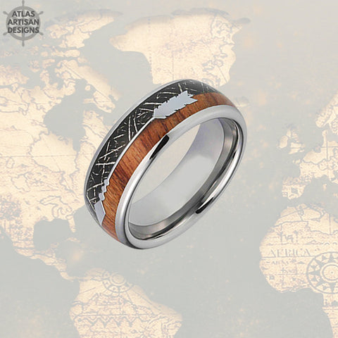 Meteorite Ring with Koa Wood Inlay, Wood Wedding Band, 5th Anniversary Ring Unique Mens Ring, Koa Wood Ring, Tungsten Wedding Band Mens Ring - Atlas Artisan Designs