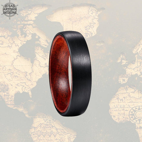 Image of 6mm Red Wood Ring Tungsten Wedding Band Mens Ring, Black Tungsten Ring Beveled Edges, Wood Wedding Band, Rustic Wooden Ring, Promise Ring - Atlas Artisan Designs