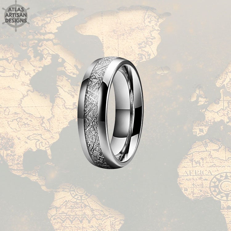 Meteorite Ring Mens Wedding Band, 6mm Tungsten Ring Meteorite Jewelry, Meteorite Wedding Bands Womens & Mens Ring, Silver Meteorite Rings - Atlas Artisan Designs