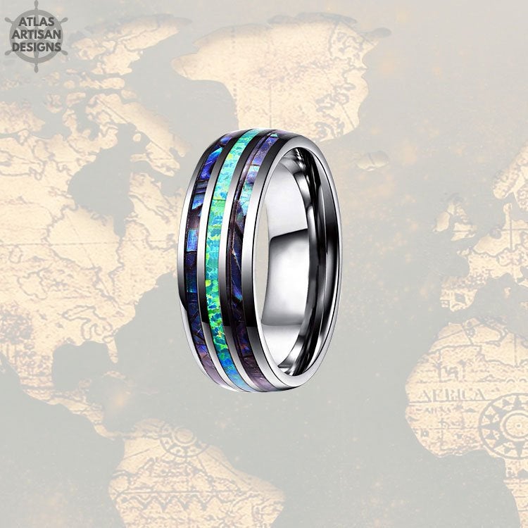 Opal & Abalone Ring Mens Wedding Band, Green Opal Ring Tungsten Wedding Band Mens Ring, Abalone Shell Ring, Opal Wedding Bands Womens Ring - Atlas Artisan Designs