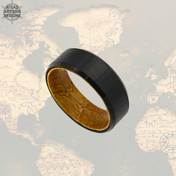 Black Whiskey Barrel Ring w/ Bevel Edges, Mens Wedding Band Wood Ring, Tungsten Whiskey Ring for Men, Bourbon Barrel Ring, Unique Mens Ring - Atlas Artisan Designs