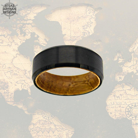 Image of Black Whiskey Barrel Ring w/ Bevel Edges, Mens Wedding Band Wood Ring, Tungsten Whiskey Ring for Men, Bourbon Barrel Ring, Unique Mens Ring - Atlas Artisan Designs