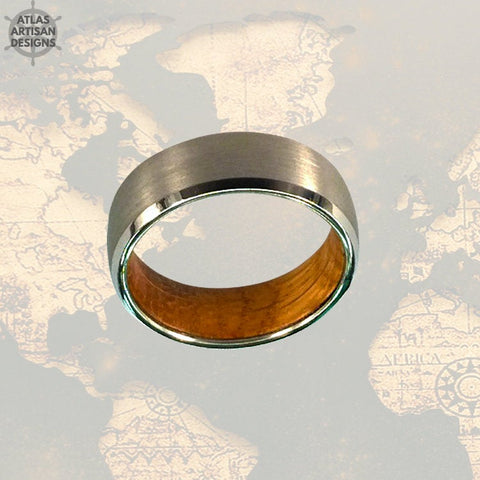 Image of Mens Wedding Band Wood Ring Silver Whiskey Barrel Ring, 8mm Whisky Barrel Ring Tungsten Whiskey Ring for Men, Wood Wedding Band Mens Ring - Atlas Artisan Designs