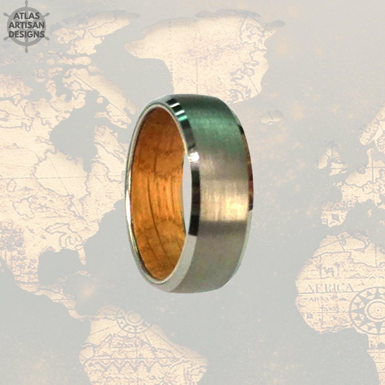 Mens Wedding Band Wood Ring Silver Whiskey Barrel Ring, 8mm Whisky Barrel Ring Tungsten Whiskey Ring for Men, Wood Wedding Band Mens Ring - Atlas Artisan Designs