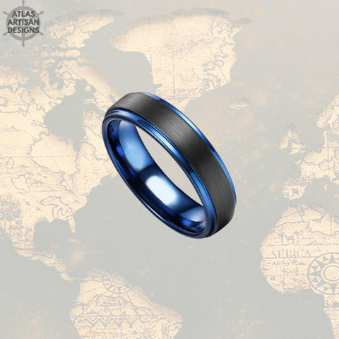 Image of Unique Mens Wedding Band 6mm Tungsten Wedding Band Mens Ring, Blue Tungsten Ring, Thin Blue Line Gifts Police Officer Gift Thin Wedding Ring - Atlas Artisan Designs