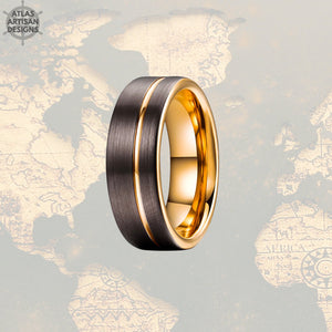 Unique Mens Wedding Band Rose Gold Ring, Mocha Brown Tungsten Wedding Band Mens Ring with Offset Groove, Rose Gold Wedding Bands Womens Ring - Atlas Artisan Designs