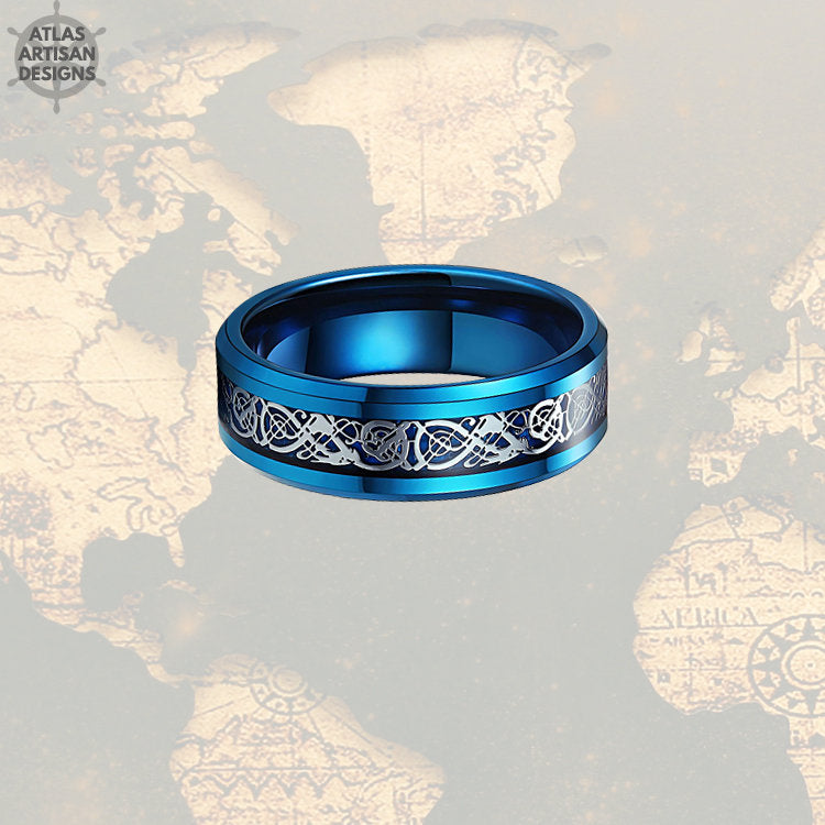 Viking Wedding Ring Mens Tungsten Ring, 8mm Blue Dragon Ring Mens Wedding Band Celtic Ring, Promise Ring, Tungsten Wedding Band Mens Ring - Atlas Artisan Designs