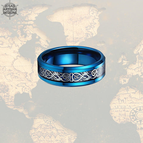 Image of Viking Wedding Ring Mens Tungsten Ring, 8mm Blue Dragon Ring Mens Wedding Band Celtic Ring, Promise Ring, Tungsten Wedding Band Mens Ring - Atlas Artisan Designs