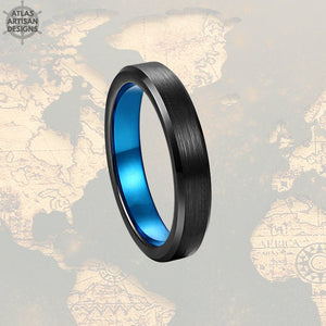 4mm Thin Tungsten Wedding Bands Womens Ring, Thin Blue Line Gift, Unique Mens Wedding Band, Mens Promise Ring, Blue Ring Couples Ring Set - Atlas Artisan Designs