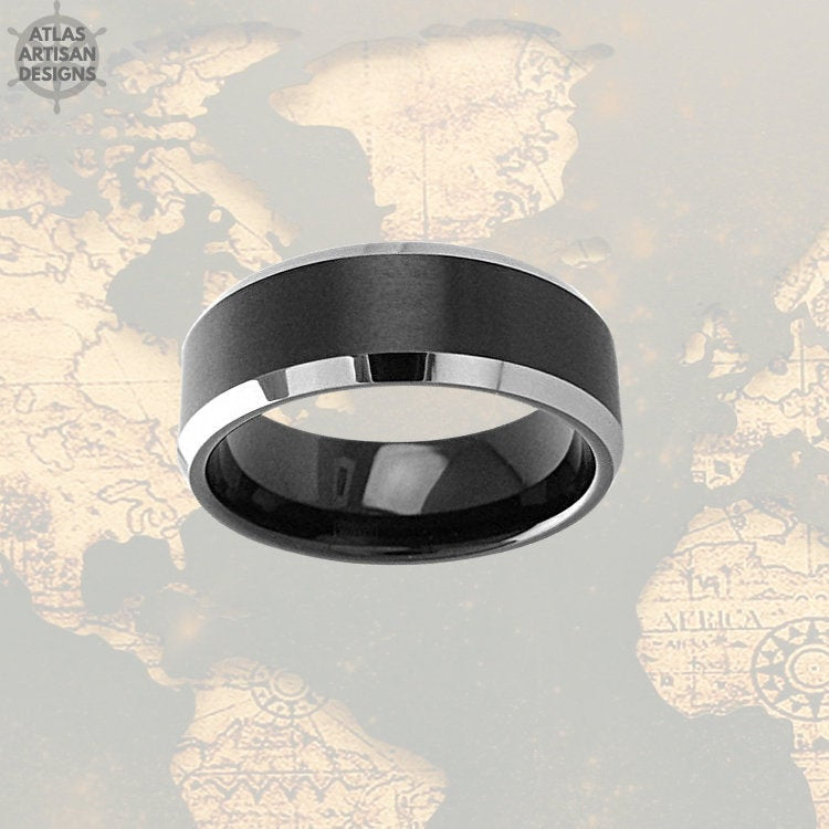 6mm Black Ring Tungsten Wedding Band Mens Ring, Mens Wedding Band Minimalist Ring, Bevel Silver Ring, Couples Ring Set Unique Tungsten Ring - Atlas Artisan Designs