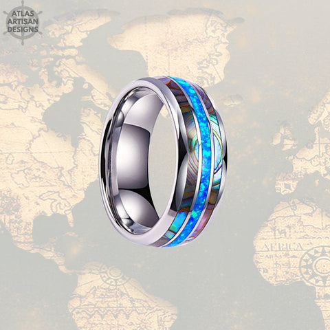 Image of Crushed Blue Opal Wedding Band Mens Ring, Unique Abalone Ring Mens Wedding Band Opal Ring, 8mm Tungsten Ring - Atlas Artisan Designs
