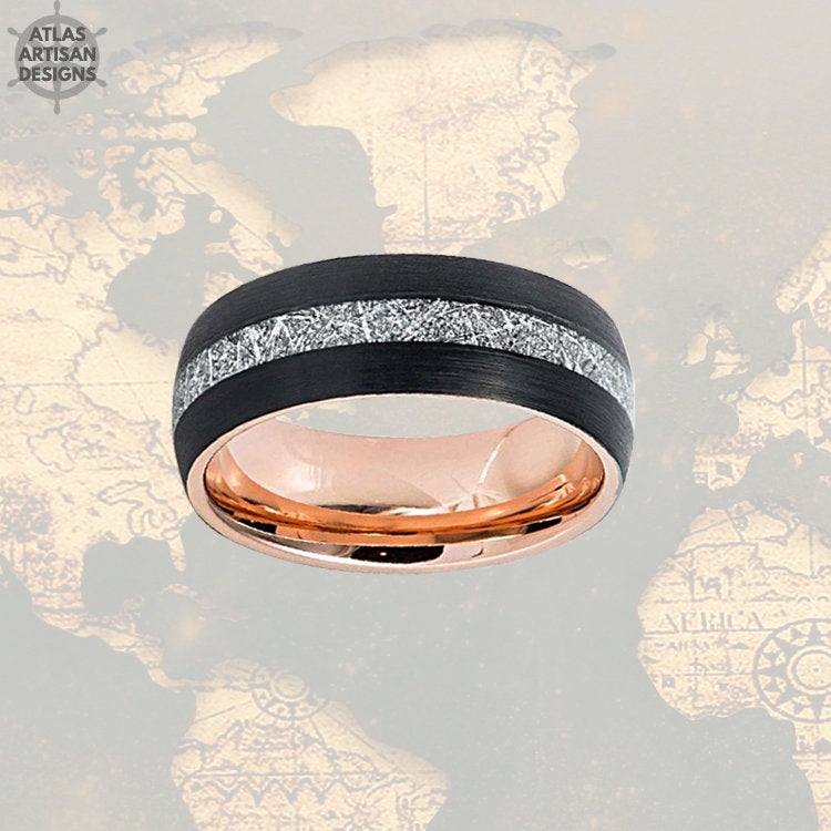 Black & Rose Gold Ring Mens Wedding Band Meteorite Ring Tungsten Wedding Band Mens Ring, Rose Gold Meteorite Wedding Rings Unique Mens Rings - Atlas Artisan Designs