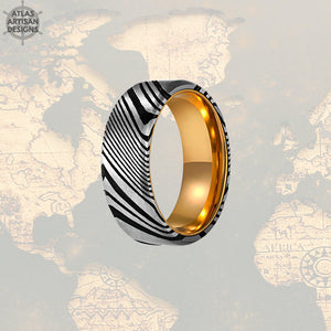 Damascus Steel Ring Mens Wedding Band, Damascus Ring with Gold, Cool Mens Rings, Gold Damascus Ring, Unique Mens Ring, Gold Ring w/ Damascus - Atlas Artisan Designs