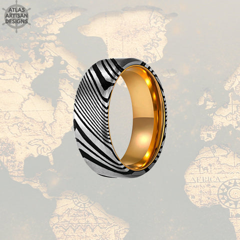 Image of Damascus Steel Ring Mens Wedding Band, Damascus Ring with Gold, Cool Mens Rings, Gold Damascus Ring, Unique Mens Ring, Gold Ring w/ Damascus - Atlas Artisan Designs