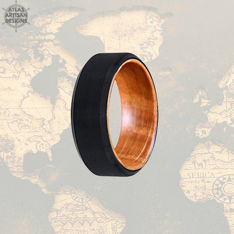 Image of Whiskey Barrel Ring Mens Wedding Band Wood Ring, Tungsten Wedding Band Mens Ring, Bourbon Barrel Ring, 8mm Wood Wedding Band Tungsten Ring - Atlas Artisan Designs
