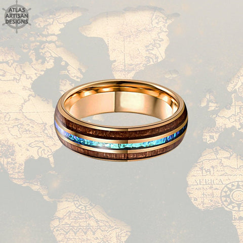 Image of 18K Rose Gold Blue Opal Ring Mens Wedding Band, 8mm Koa Wood Ring Tungsten Wedding Band Mens Ring, Wood Wedding Bands Women Rose Gold Ring - Atlas Artisan Designs