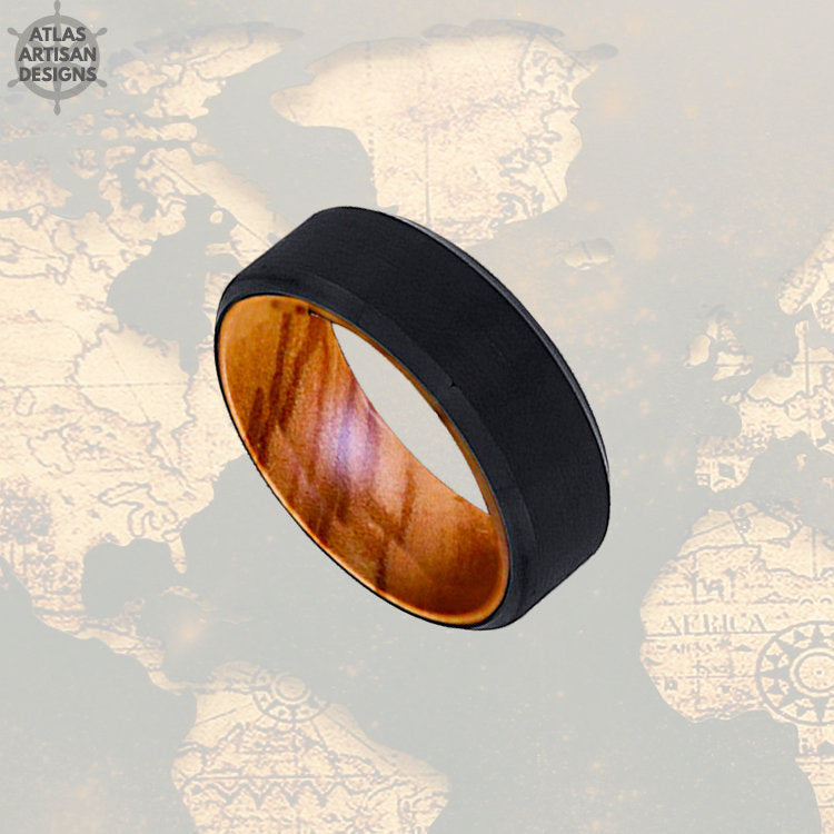 Olive Wood Ring Mens Wedding Band with Beveled Edges, Tungsten Wedding Band Mens Ring, Wood Inlay Ring, Wood Wedding Band, Unique Mens Ring - Atlas Artisan Designs