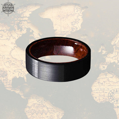 Image of Rose Wood Ring Mens Wedding Band, 8mm Pipe Cut Black Tungsten Wedding Band Mens Ring, Unique Wood Inlay Ring, Wood Wedding Band, Wooden Ring - Atlas Artisan Designs