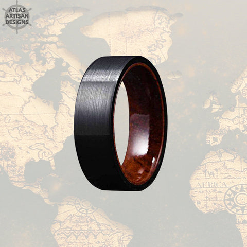 Image of Rose Wood Ring Mens Wedding Band, 8mm Pipe Cut Black Tungsten Wedding Band Mens Ring, Unique Wood Inlay Ring, Wood Wedding Band, Wooden Ring - Atlas Artisan Designs