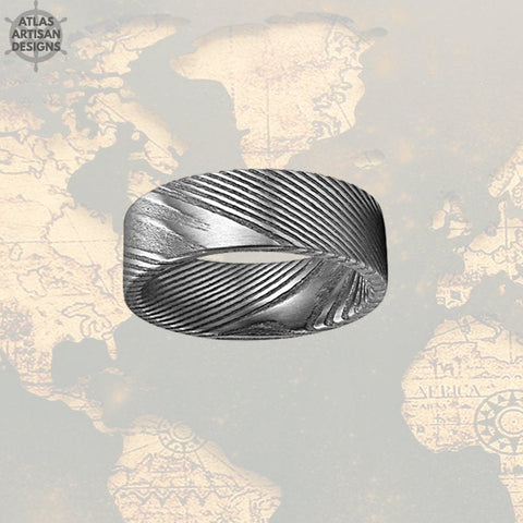 Wood Grain Damascus Steel Ring Mens Wedding Band, 8mm Pipe Cut Silver Damascus Ring, Unique Mens Rings, Damascus Wedding Band Mens Ring, - Atlas Artisan Designs