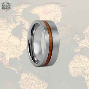 Koa Wood Ring Mens Wedding Band, Silver Tungsten Wedding Band Mens Ring, Wood Wedding Bands Women Couples Ring, Unique Mens Ring Wooden Ring - Atlas Artisan Designs