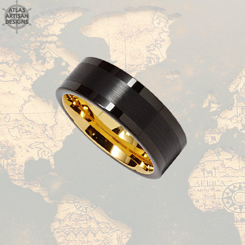 Image of 14K Gold Wedding Band Mens Tungsten Ring, 8mm Black Mens Wedding Band Celtic Ring Yellow Gold Ring, Tungsten Wedding Ring Unique Mens Ring - Atlas Artisan Designs