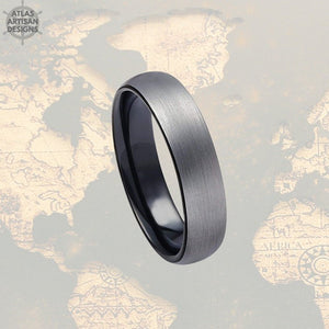 6mm Black Tungsten Wedding Band Mens Ring, Gunmetal Gray Tungsten Ring Mens Wedding Band, Mens Promise Ring, Black Ring Couples Ring Set - Atlas Artisan Designs