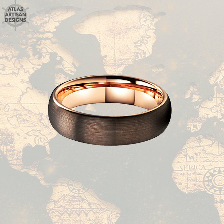 Mocha Brown & Rose Gold Ring Mens Wedding Band, Brown Tungsten Wedding Band Mens Ring, Rose Gold Wedding Bands Womens Ring, Couples Ring - Atlas Artisan Designs