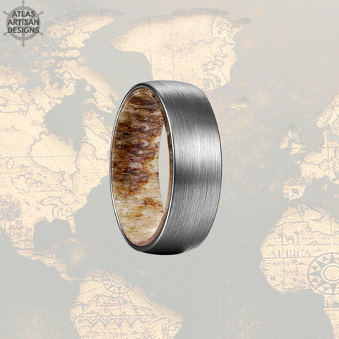Image of Silver Deer Antler Ring Tungsten Wedding Band Mens Ring, Unique Nature Ring Mens Wedding Band - Atlas Artisan Designs