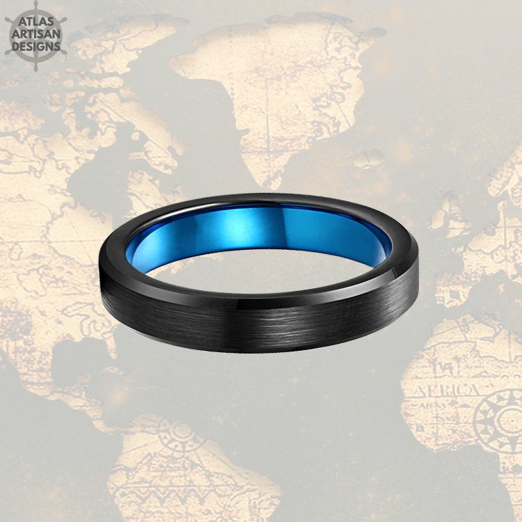 4mm Thin Tungsten Wedding Bands Womens Ring, Thin Blue Line Gift, Unique Mens Wedding Band, Mens Promise Ring, Blue Ring Couples Ring Set - Atlas Artisan Designs