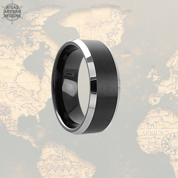 Black Tungsten Ring Mens Wedding Band, Minimalist Tungsten Wedding Band Mens Ring Beveled Silver Ring, Couples Ring Set, Mens Promise Ring - Atlas Artisan Designs