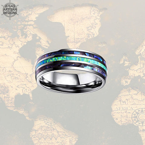 Image of Green Opal Wedding Band Mens Ring, Blue Opal Ring Mens Wedding Band, Tungsten Wedding Bands Womens Abalone Shell Ring, Unique Abalone Ring - Atlas Artisan Designs