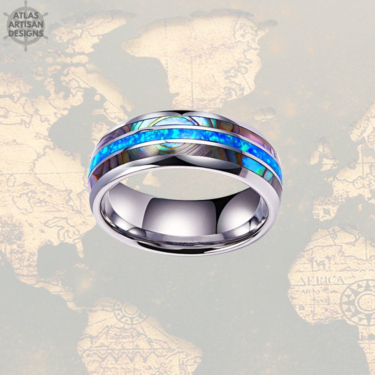 Crushed Blue Opal Wedding Band Mens Ring, Unique Abalone Ring Mens Wedding Band Opal Ring, 8mm Tungsten Ring - Atlas Artisan Designs