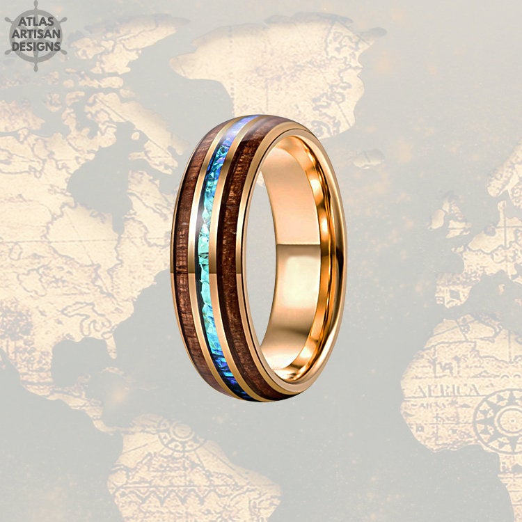 18K Rose Gold Blue Opal Ring Mens Wedding Band, 8mm Koa Wood Ring Tungsten Wedding Band Mens Ring, Wood Wedding Bands Women Rose Gold Ring - Atlas Artisan Designs