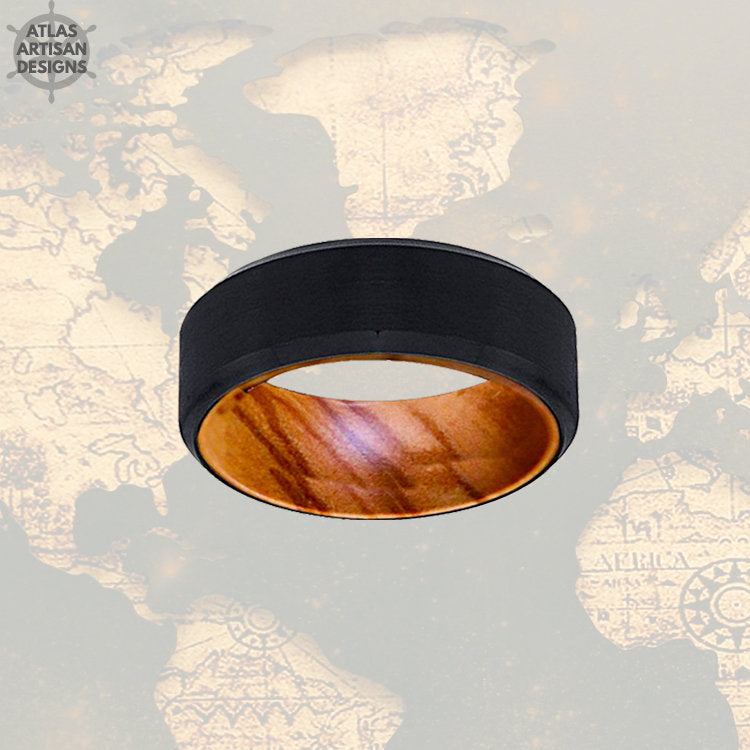 Olive Wood Ring Mens Wedding Band with Beveled Edges, Tungsten Wedding Band Mens Ring, Wood Inlay Ring, Wood Wedding Band, Unique Mens Ring - Atlas Artisan Designs
