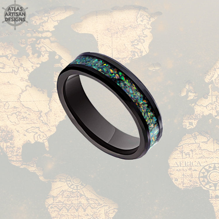 6mm Mens Wedding Band Green Opal Inlay Ring, Tungsten Wedding Band Mens Ring, Mens Fire Opal Ring, Opal Wedding Bands Womens Blue Opal Ring - Atlas Artisan Designs