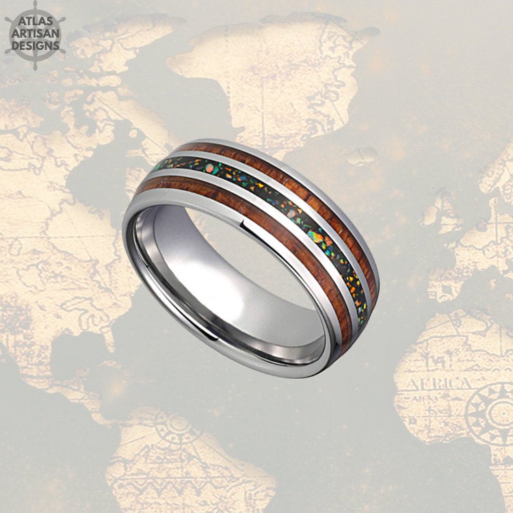 8mm Crushed Fire Opal Ring Mens Wedding Band, Koa Wood Ring Tungsten Wedding Band Mens Ring, Wood Wedding Bands Womens Ring, Blue Opal Ring - Atlas Artisan Designs