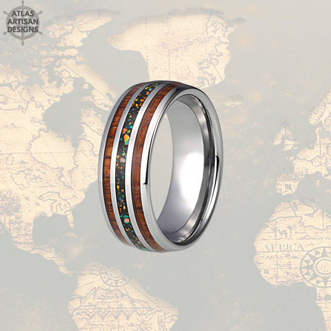 8mm Crushed Fire Opal Ring Mens Wedding Band, Koa Wood Ring Tungsten Wedding Band Mens Ring, Wood Wedding Bands Womens Ring, Blue Opal Ring - Atlas Artisan Designs