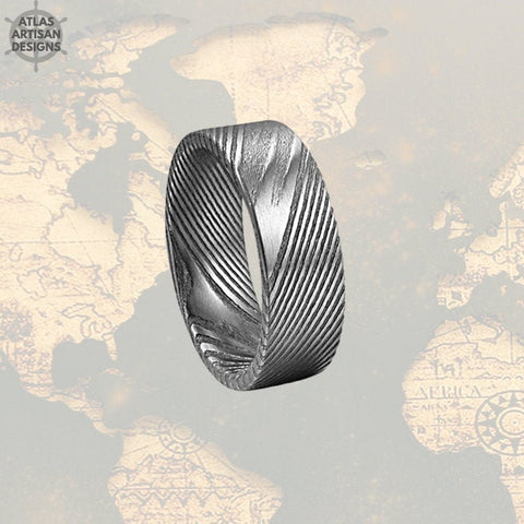 Wood Grain Damascus Steel Ring Mens Wedding Band, 8mm Pipe Cut Silver Damascus Ring, Unique Mens Rings, Damascus Wedding Band Mens Ring, - Atlas Artisan Designs