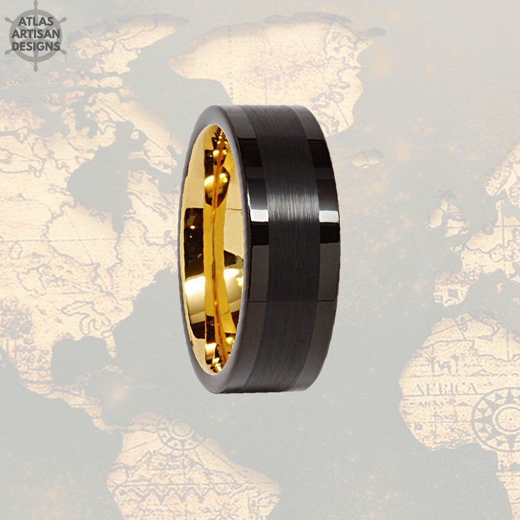 14K Gold Wedding Band Mens Tungsten Ring, 8mm Black Mens Wedding Band Celtic Ring Yellow Gold Ring, Tungsten Wedding Ring Unique Mens Ring - Atlas Artisan Designs
