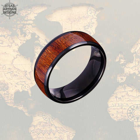 Image of Wood Wedding Band Koa Wood Ring Mens Wedding Band Black Titanium Wedding Band Mens Ring, Wood Inlay Ring, Wood Anniversary Ring, Wooden Ring - Atlas Artisan Designs