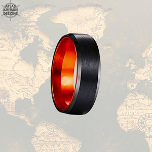Orange & Black Tungsten Ring Mens Wedding Band, Promise Ring, Grooms Ring Tungsten Wedding Band Mens Ring, Unique Mens Ring 8mm Wedding Ring - Atlas Artisan Designs