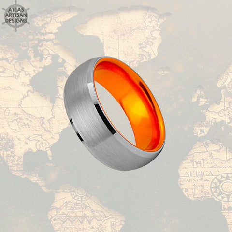 Image of Orange & Silver Tungsten Ring Mens Wedding Band, Promise Ring Grooms Ring Tungsten Wedding Band Mens Ring, Unique Mens Ring 8mm Wedding Ring - Atlas Artisan Designs