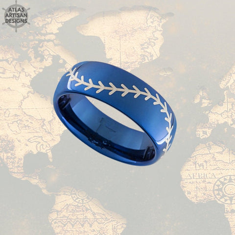 Image of Baseball Wedding Band Blue Tungsten Ring Mens Wedding Band Baseball Ring Mens Promise Ring, Tungsten Wedding Band Mens Ring Unique Mens Ring - Atlas Artisan Designs