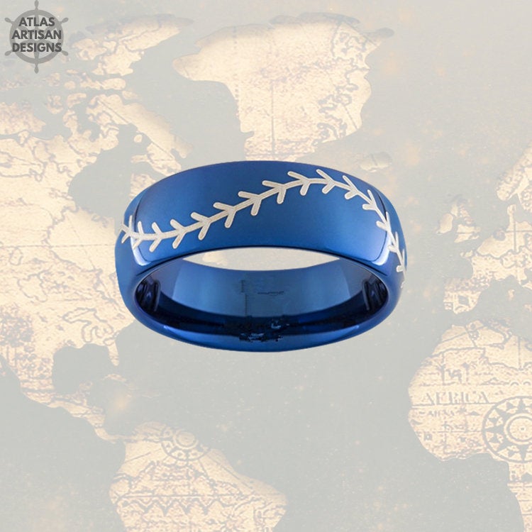 Baseball Wedding Band Blue Tungsten Ring Mens Wedding Band Baseball Ring Mens Promise Ring, Tungsten Wedding Band Mens Ring Unique Mens Ring - Atlas Artisan Designs