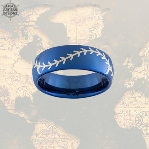 Image of Baseball Wedding Band Blue Tungsten Ring Mens Wedding Band Baseball Ring Mens Promise Ring, Tungsten Wedding Band Mens Ring Unique Mens Ring - Atlas Artisan Designs