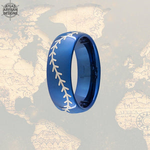 Baseball Wedding Band Blue Tungsten Ring Mens Wedding Band Baseball Ring Mens Promise Ring, Tungsten Wedding Band Mens Ring Unique Mens Ring - Atlas Artisan Designs